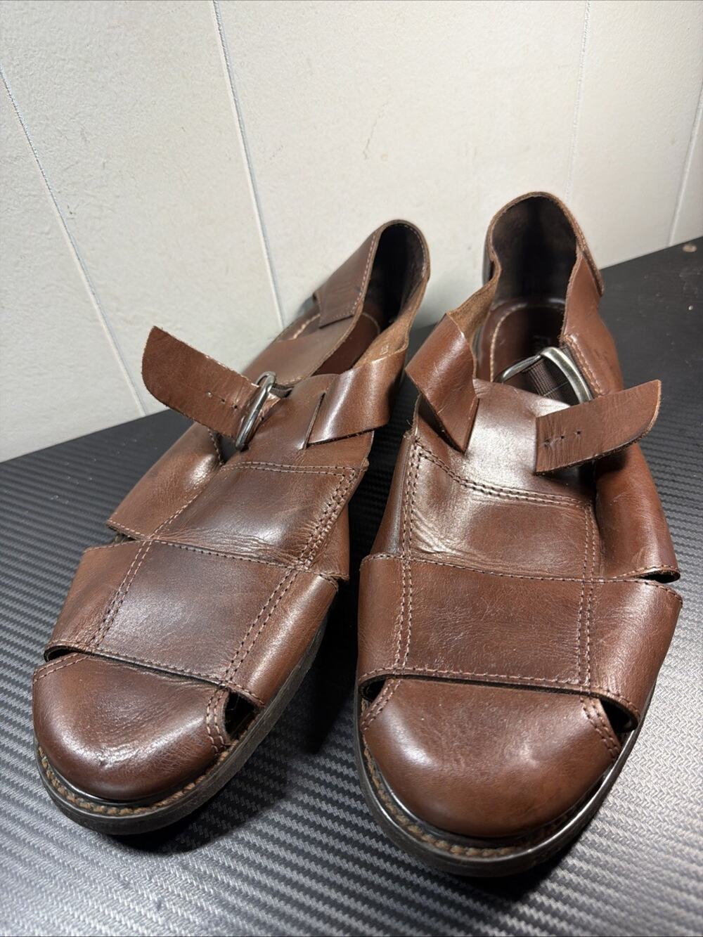 Mens Forte Moda Brown Leather Basket Weave Sandals Sz 13D B2